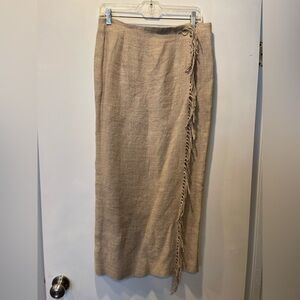 Vintage Y2K Liz Claiborne Linen Maxi Wrap Skirt Size 14 Taupe Beige Fringe, EUC